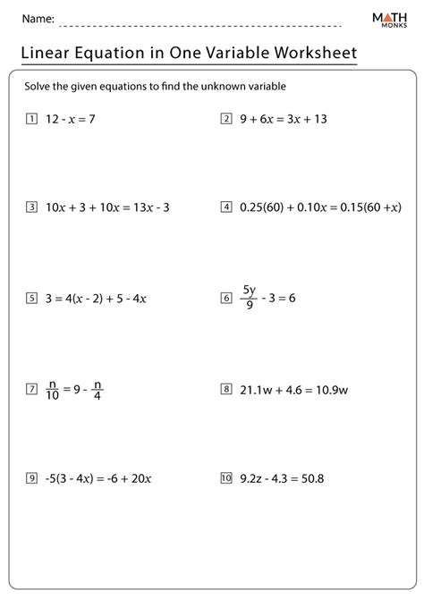linear equation in one variable worksheet with answers